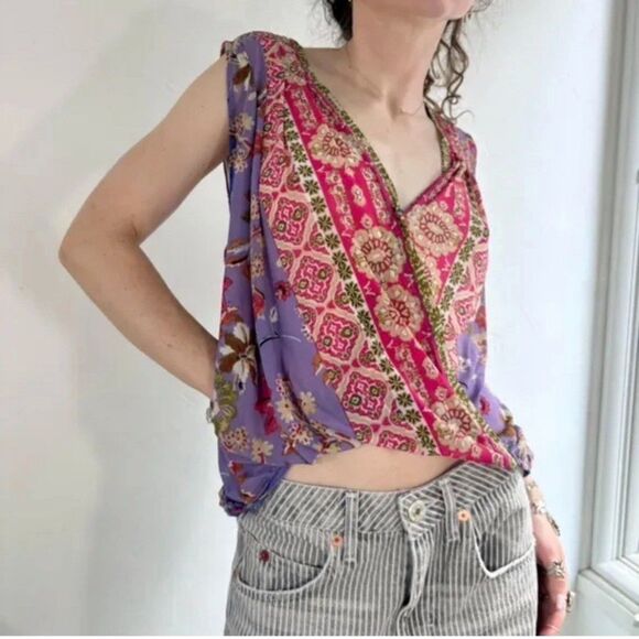 Free People Tops - Free People Cobalt Combat MEDIUMTank Top Mesh Floral Surplice Bodice Boho Hippie